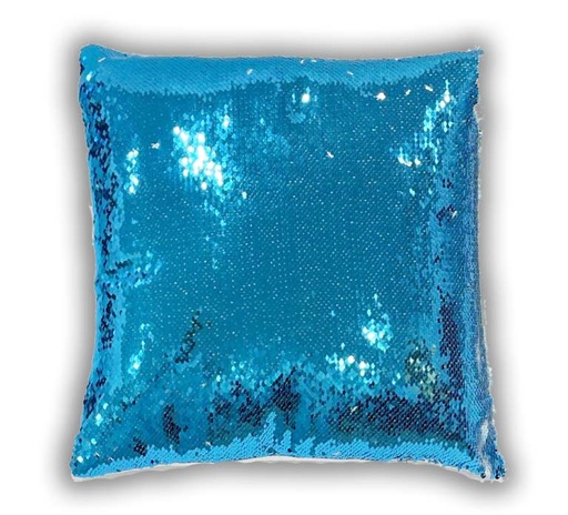 Sequin pillow, light blue square, printed on it as desired