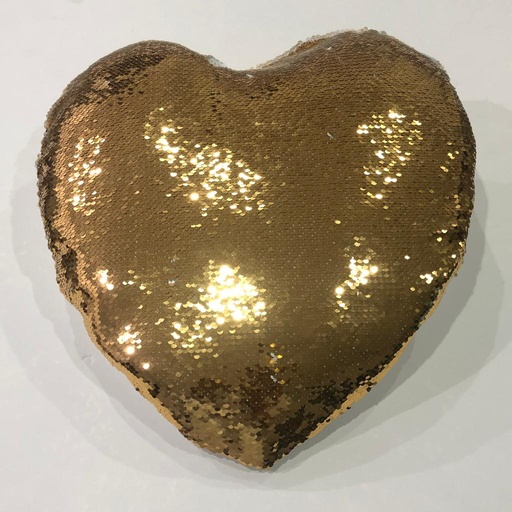 A sequin pillow in the shape of a golden heart, printed on it as desired