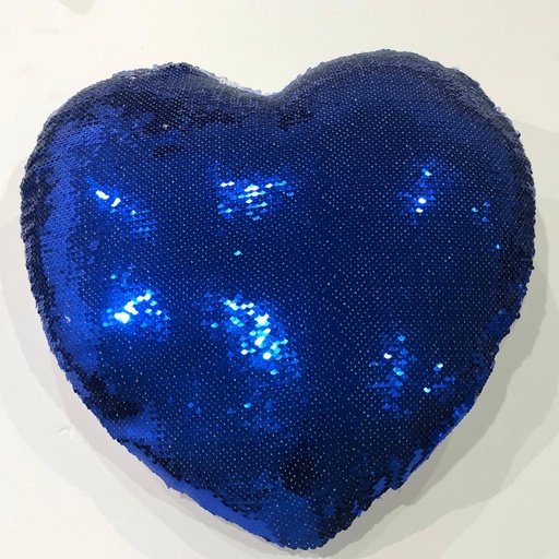 Sequin pillow, in the shape of a dark blue heart, printed on it as desired